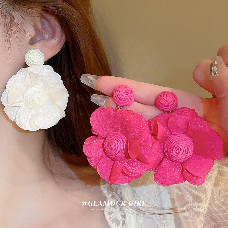 Silver needle fabric flower earrings