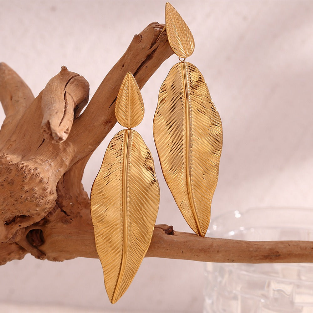 Gold feather leaf earrings