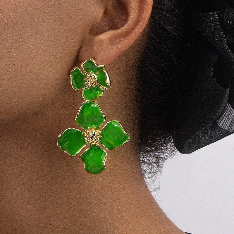 European and American style color drop glaze double flower earrings