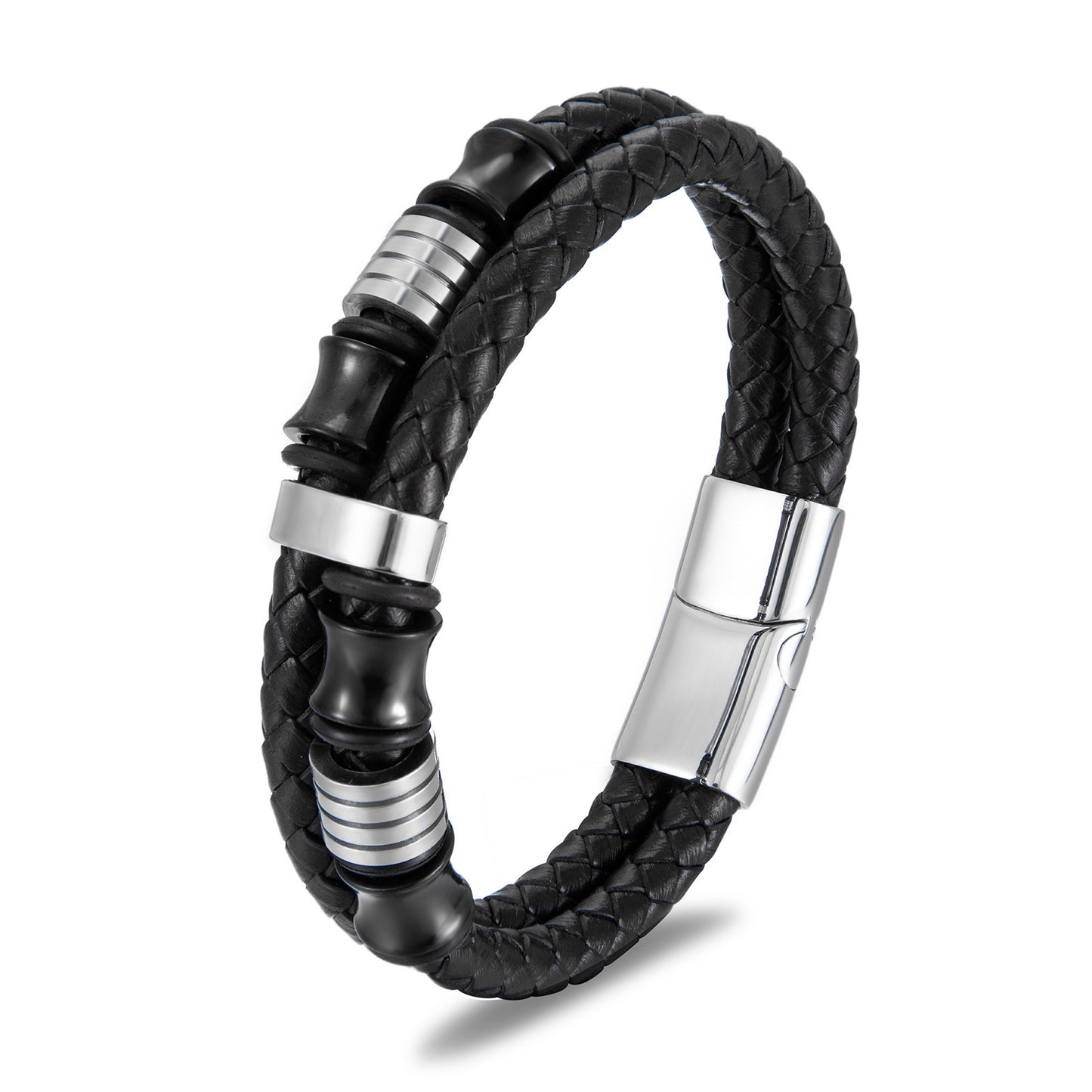 Black leather stainless steel men's bracelet