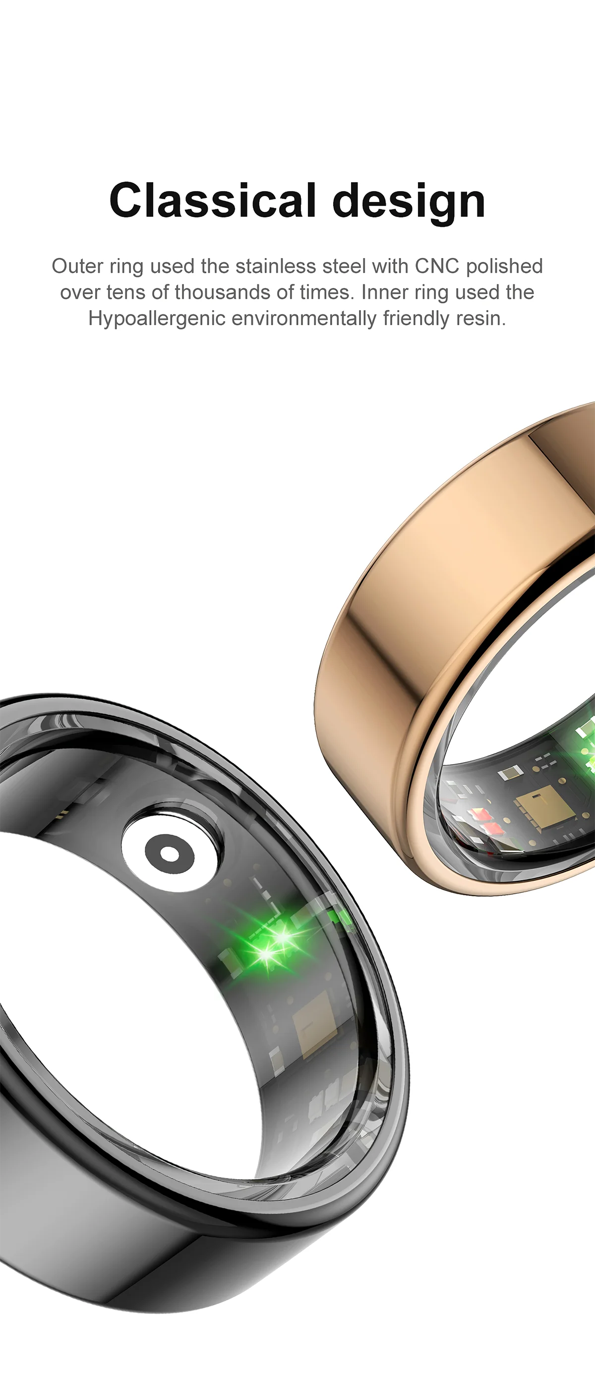 Smart Ring Blood Pressure Sleep Monitoring Waterproof Sports Fitness Tracker Military Grades Titanium Steel