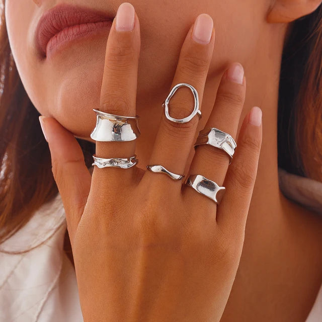 Ingemark 6Pcs/Set Irregular Hollow Folded Metal Cuff Rings for Women