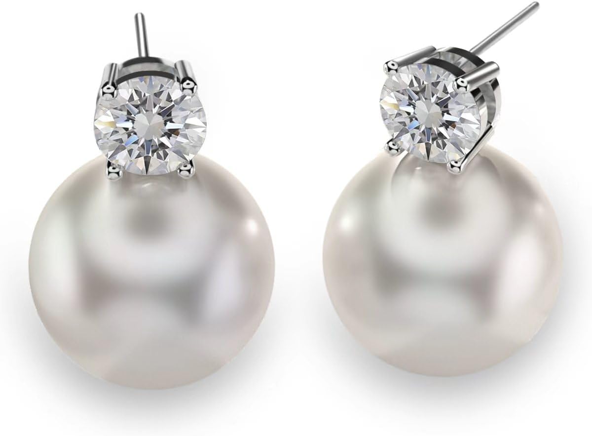 Örhängen med pärlmoissanit, laboratorieodlade diamanter, 925 sterling silver belagt med 18K vitguld, sötvattenspärlor, dampresent.