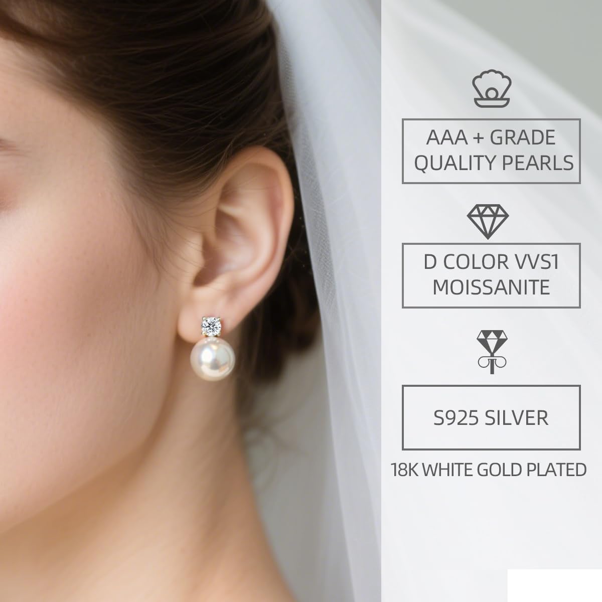 Örhängen med pärlmoissanit, laboratorieodlade diamanter, 925 sterling silver belagt med 18K vitguld, sötvattenspärlor, dampresent.