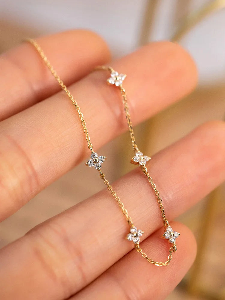 925 Sterling Silver Five Small Flower Clear Zircon Bracelet Simple INS Gold Silver